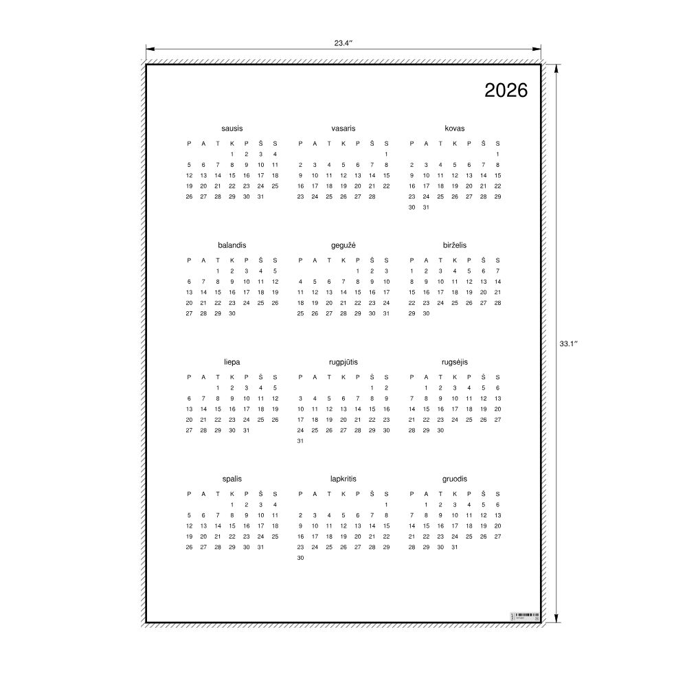 Leskoff 2026 Wall Calendar, Lithuanian-Labeled, Monday-Start Layout, Poster / Wall Print, 23.4 x 33.1 in (59.4 x 84.1 cm), image 2 of 2