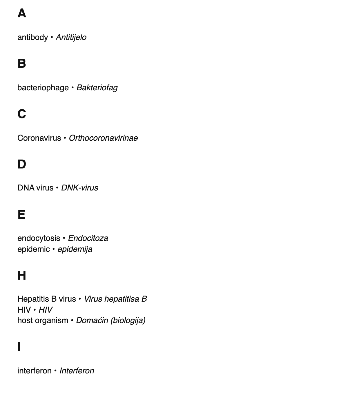 Virology terms in Bosnian