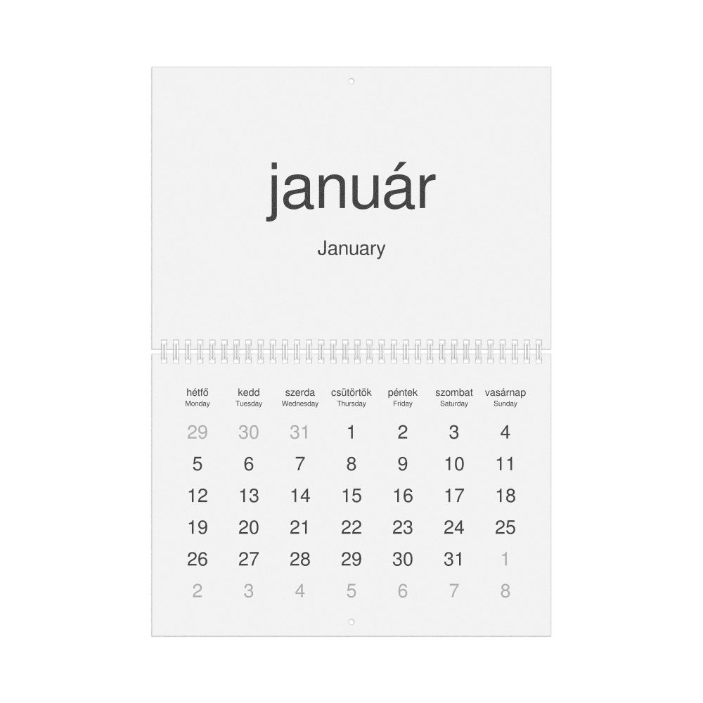 Leskoff 2026 Wall Calendar, Hungarian/English-Labeled, Monday-Start Layout, Wire-Bound, 11.7 x 8.3 in (29.7 x 21.0 cm), image 1 of 1