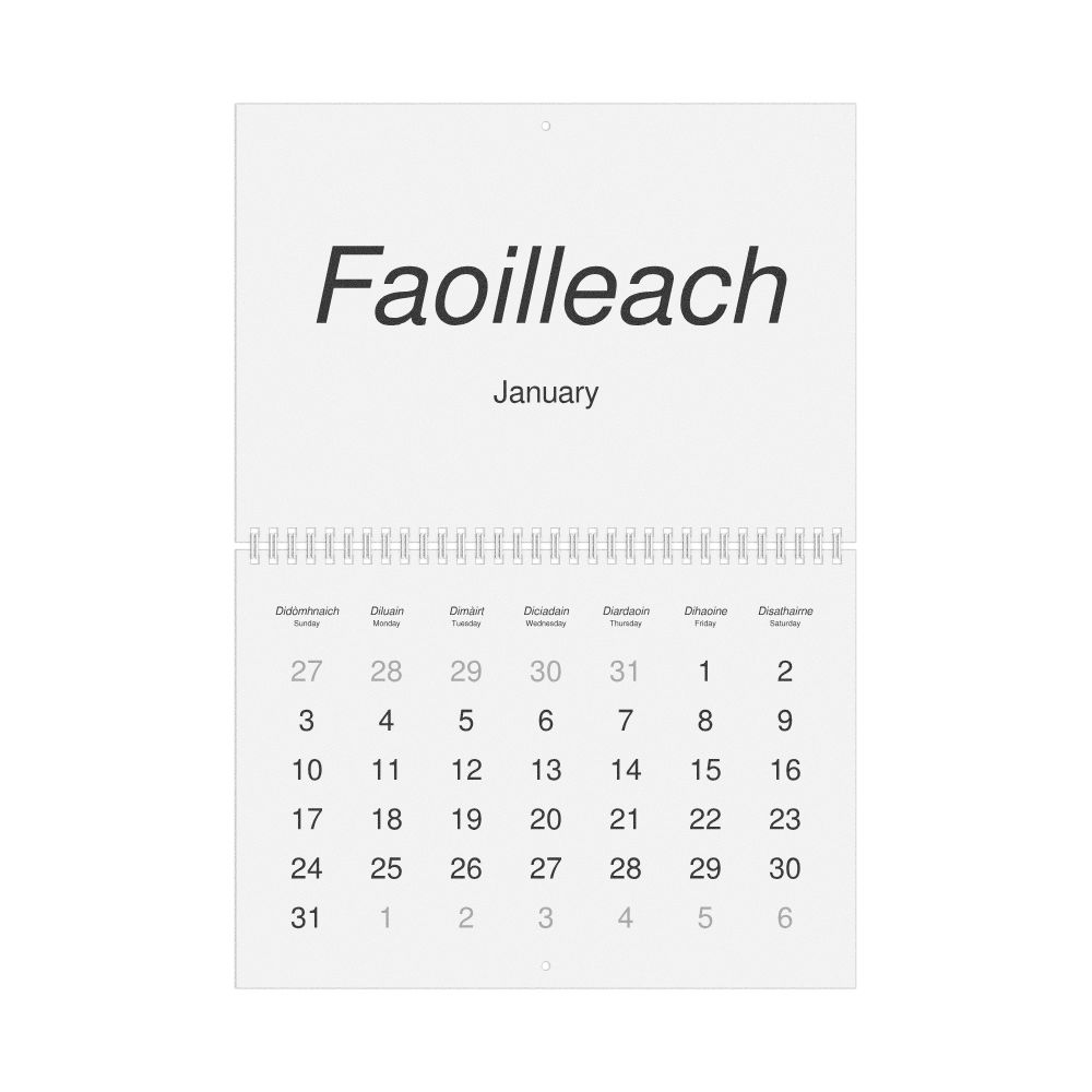 Leskoff 2027 Wall Calendar, Scottish Gaelic/English-Labeled, Sunday-Start Layout, Wire-Bound, 11.7 x 8.3 in (29.7 x 21.0 cm), image 1 of 1