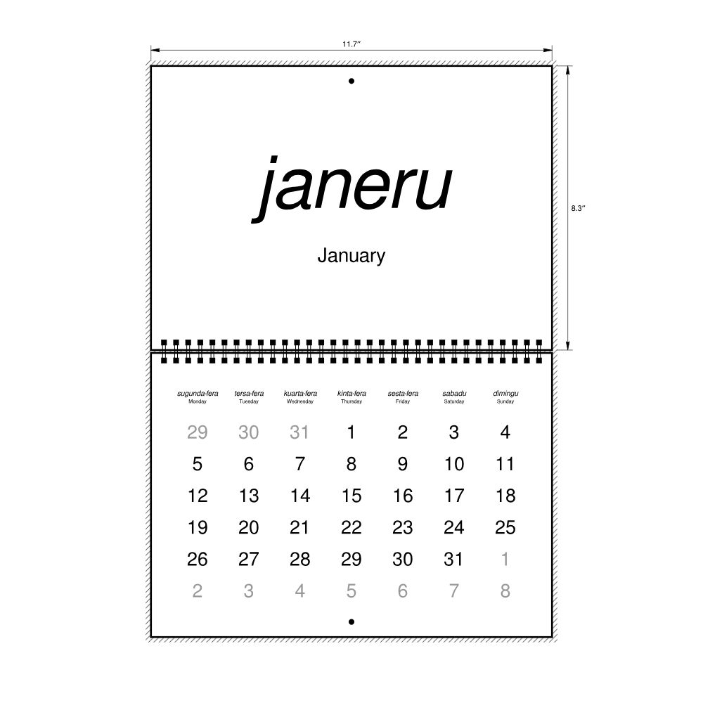 Leskoff 2026 Wall Calendar, Guinea-Bissau Creole/English-Labeled, Monday-Start Layout, Wire-Bound, 11.7 x 8.3 in (29.7 x 21.0 cm), image 2 of 2