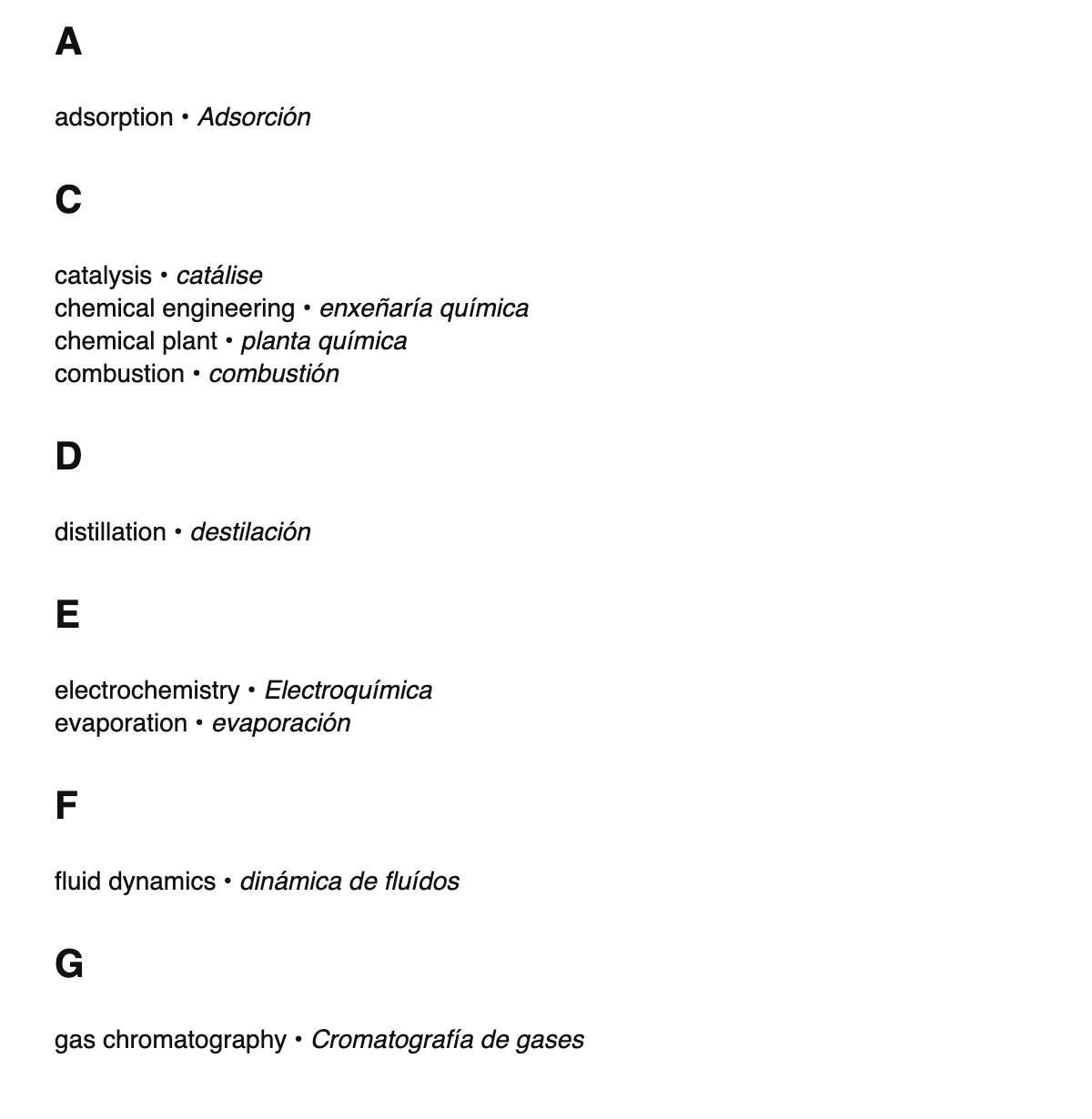Chemical engineering terms in Galician