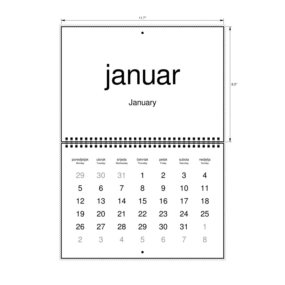 Leskoff 2026 Wall Calendar, Montenegrin/English-Labeled, Monday-Start Layout, Wire-Bound, 11.7 x 8.3 in (29.7 x 21.0 cm), image 1 of 1