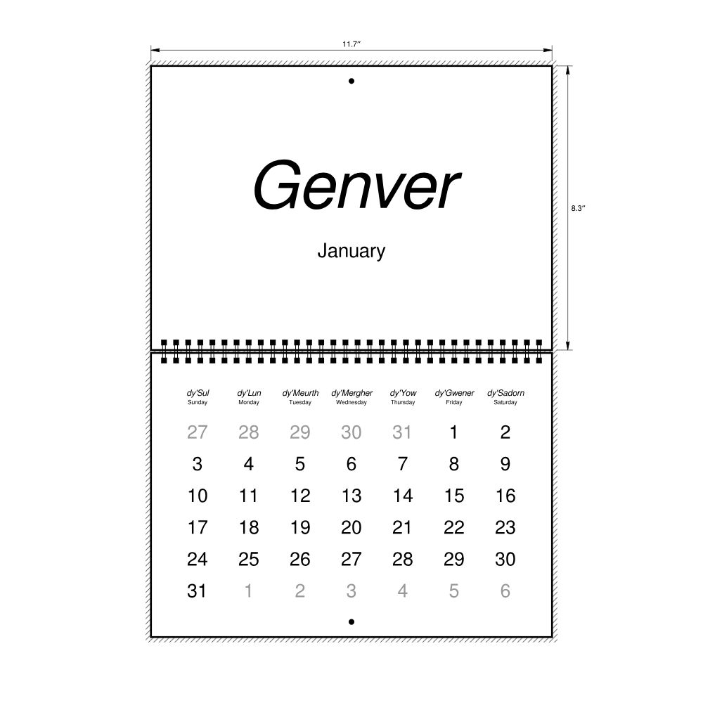 Leskoff 2027 Wall Calendar, Cornish/English-Labeled, Sunday-Start Layout, Wire-Bound, 11.7 x 8.3 in (29.7 x 21.0 cm), image 2 of 2
