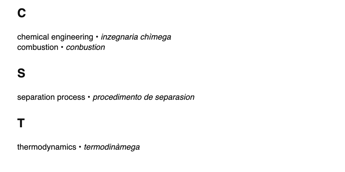Chemical engineering terms in Venetian