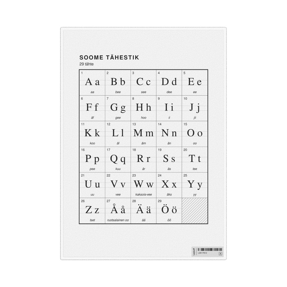 Leskoff Finnish Alphabet Chart, 8.3 x 11.7 in (21.0 x 29.7 cm, Desk Chart, Laminated), Estonian-Labeled, image 1 of 2