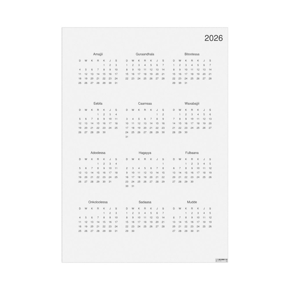 Leskoff 2026 Wall Calendar, Oromo-Labeled, Sunday-Start Layout, Poster / Wall Print, 23.4 x 33.1 in (59.4 x 84.1 cm), image 1 of 1
