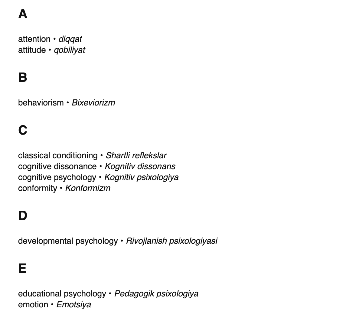 Psychology terms in Uzbek