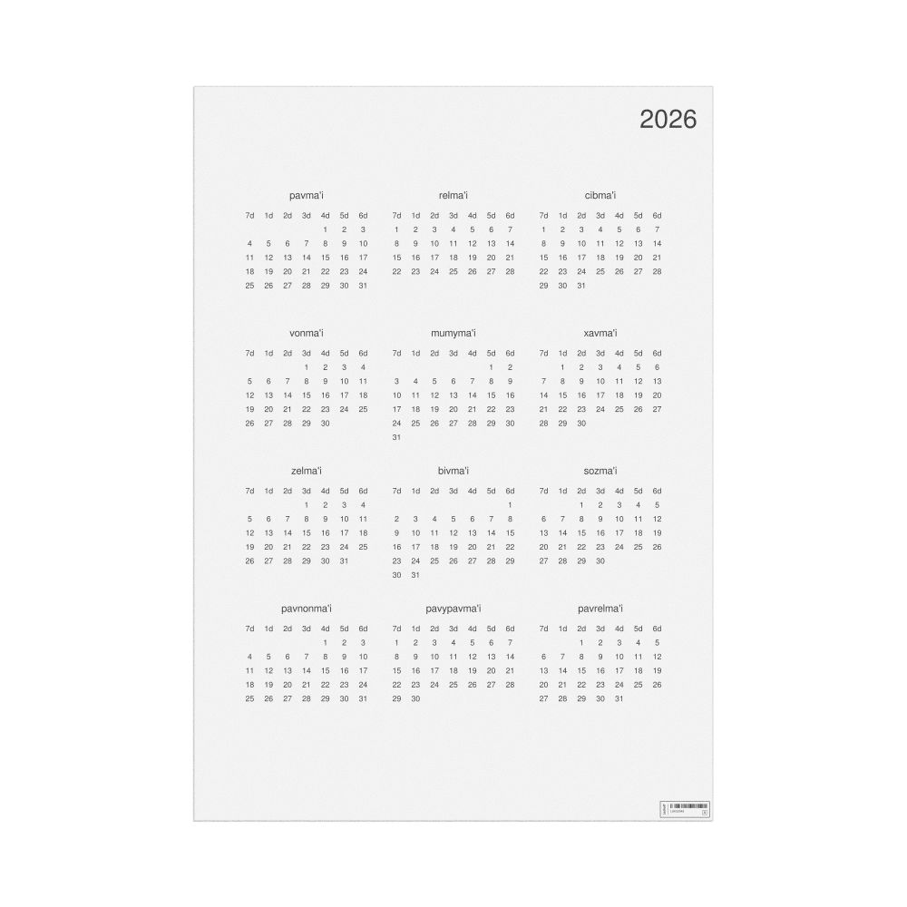 Leskoff 2026 Wall Calendar, Lojban-Labeled, Sunday-Start Layout, Poster / Wall Print, 23.4 x 33.1 in (59.4 x 84.1 cm), image 1 of 1