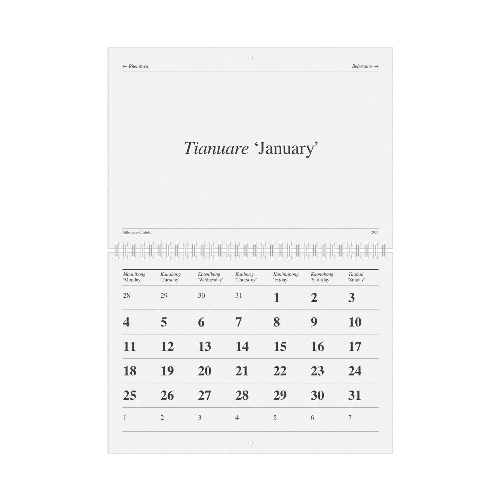 Leskoff 2027 Gilbertese-Language Calendar, Monday-Start Layout, image 1 of 1