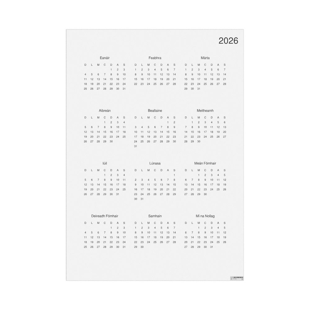 Leskoff 2026 Wall Calendar, Irish-Labeled, Sunday-Start Layout, Poster / Wall Print, 23.4 x 33.1 in (59.4 x 84.1 cm), image 1 of 1