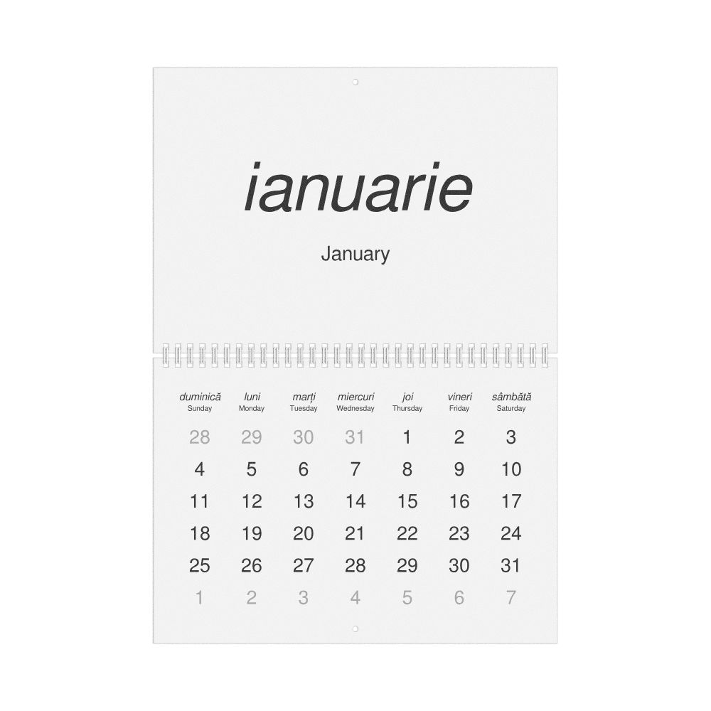 Leskoff 2026 Wall Calendar, Romanian/English-Labeled, Sunday-Start Layout, Wire-Bound, 11.7 x 8.3 in (29.7 x 21.0 cm), image 1 of 1