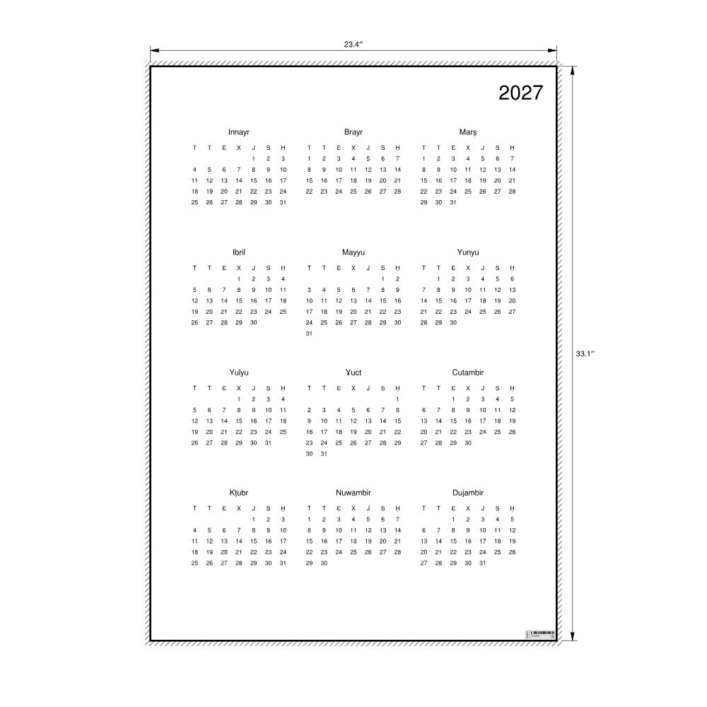Leskoff 2027 Wall Calendar, Tashelhit-Labeled, Monday-Start Layout, Poster / Wall Print, 23.4 x 33.1 in (59.4 x 84.1 cm), image 2 of 2