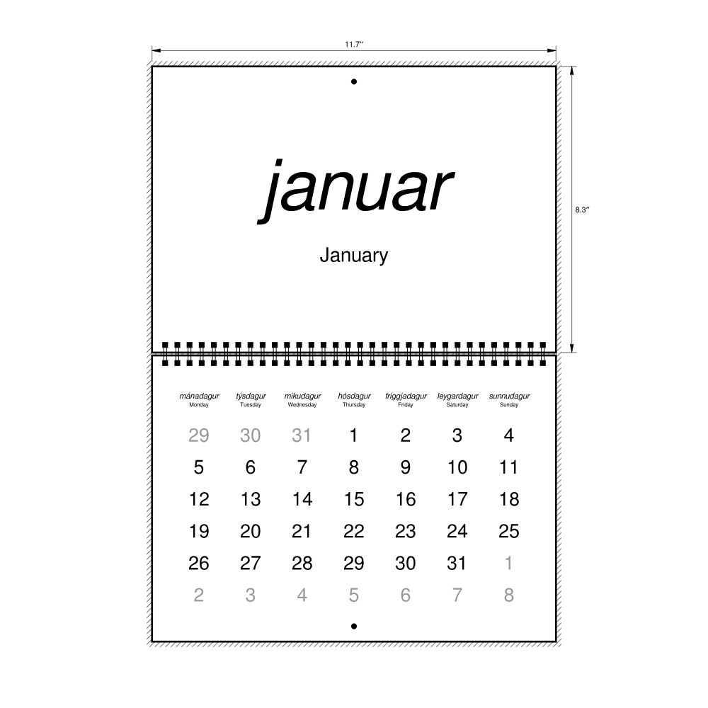 Leskoff 2026 Wall Calendar, Faroese/English-Labeled, Monday-Start Layout, Wire-Bound, 11.7 x 8.3 in (29.7 x 21.0 cm), image 2 of 2