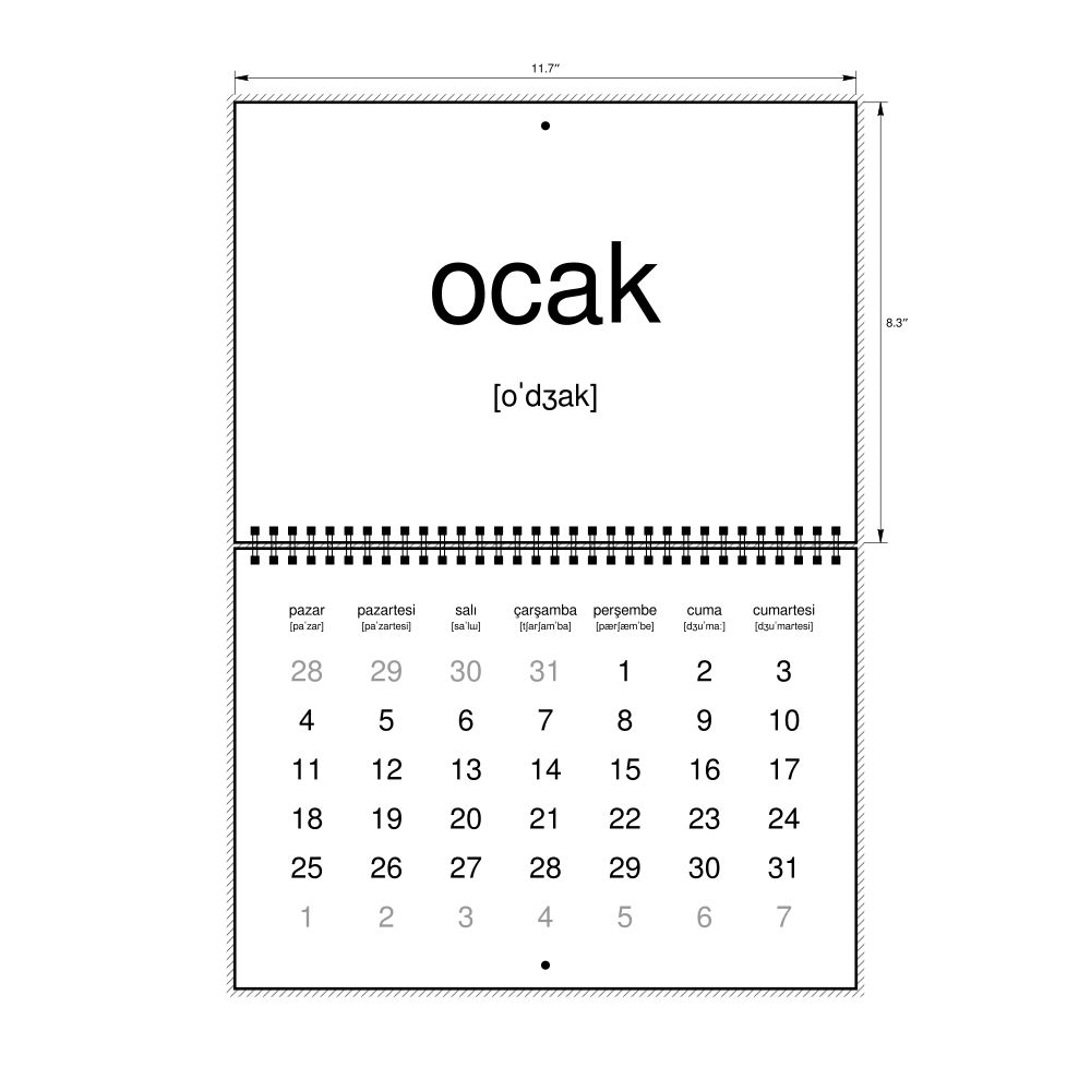 Leskoff 2026 Phonetic Wall Calendar, Turkish-Labeled with IPA, Sunday-Start Layout, Wire-Bound, 11.7 x 8.3 in (29.7 x 21.0 cm), image 1 of 1