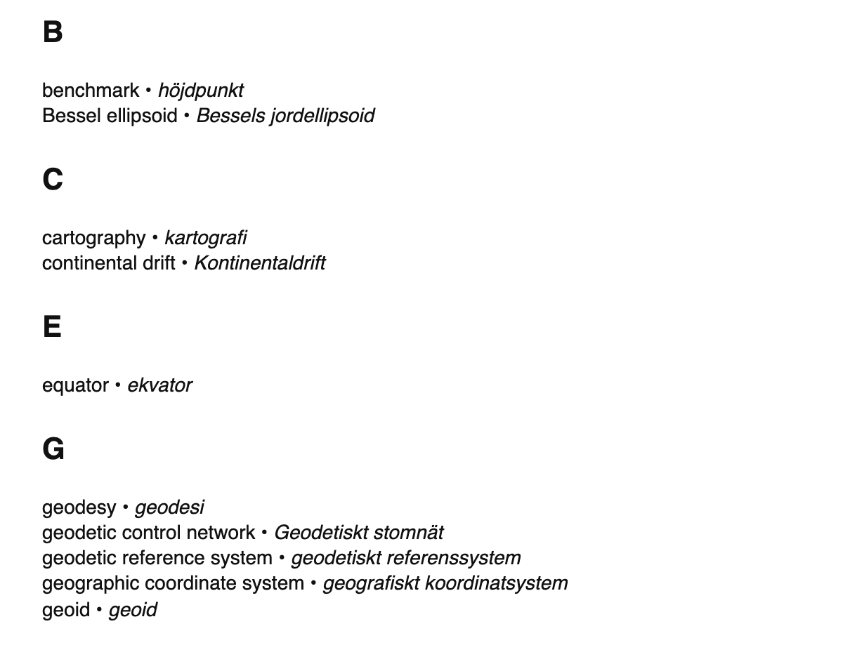 Geodesy terms in Swedish