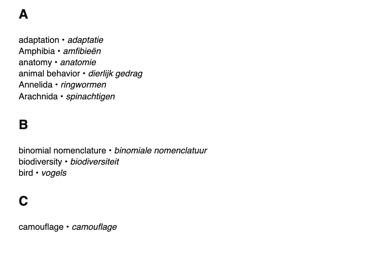Zoology terms in Dutch