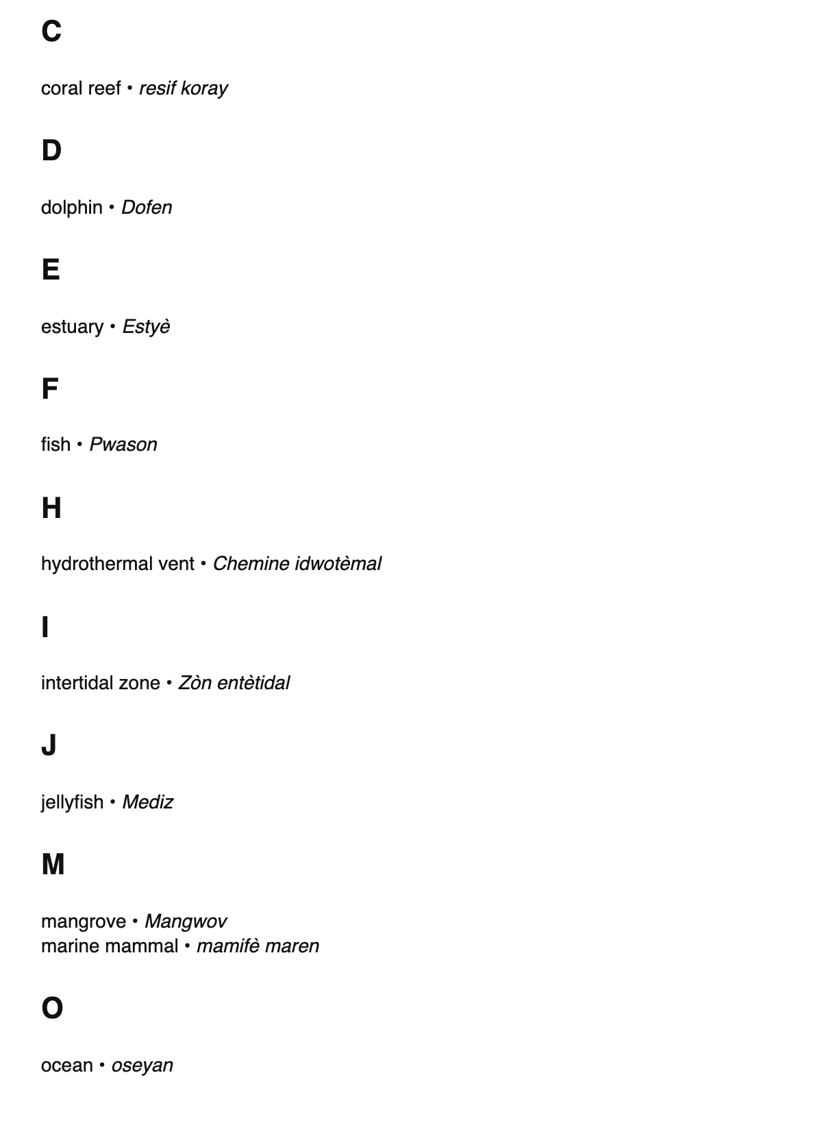 Marine biology terms in Haitian Creole