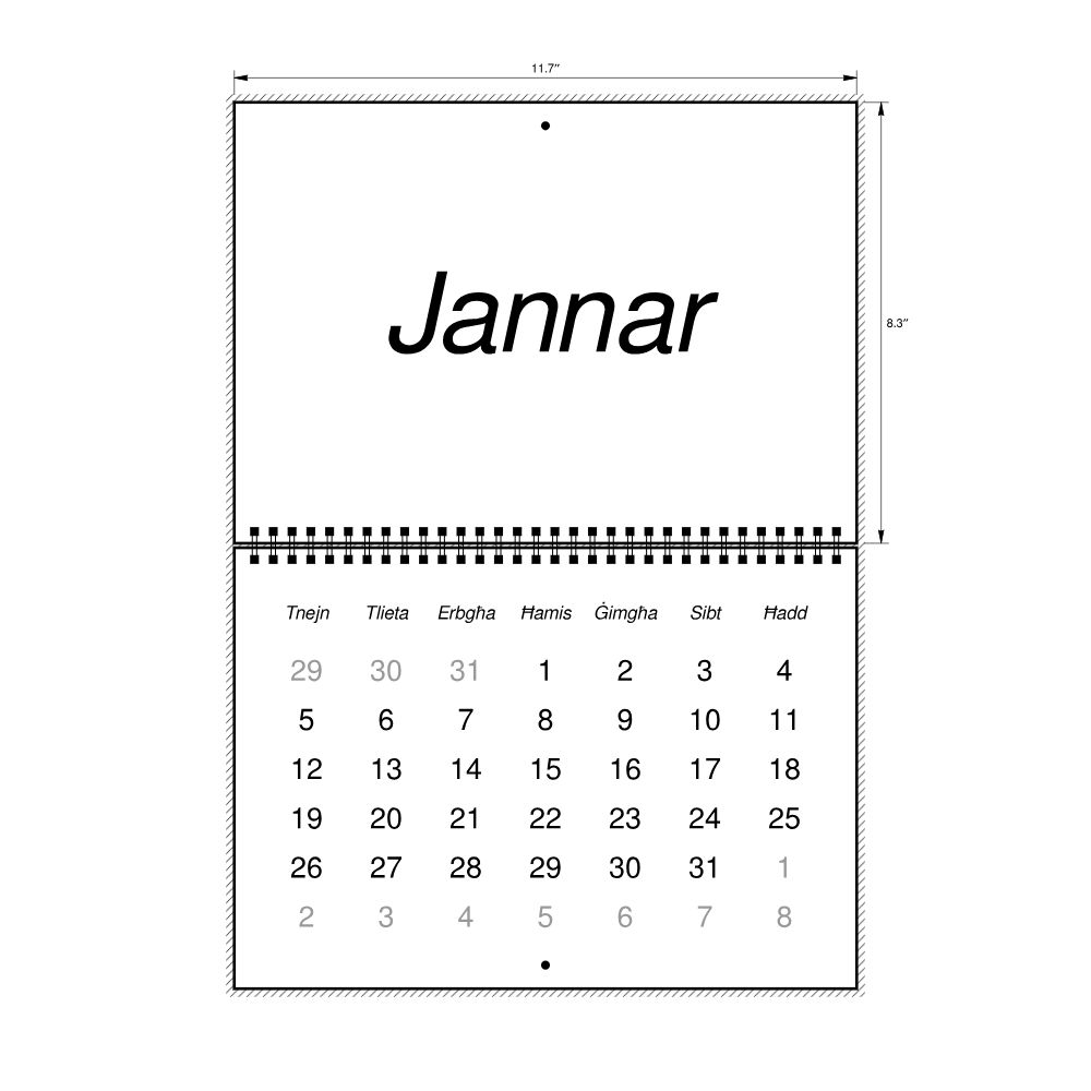 Leskoff 2026 Wall Calendar, Maltese-Labeled, Monday-Start Layout, Wire-Bound, 11.7 x 8.3 in (29.7 x 21.0 cm), image 2 of 2