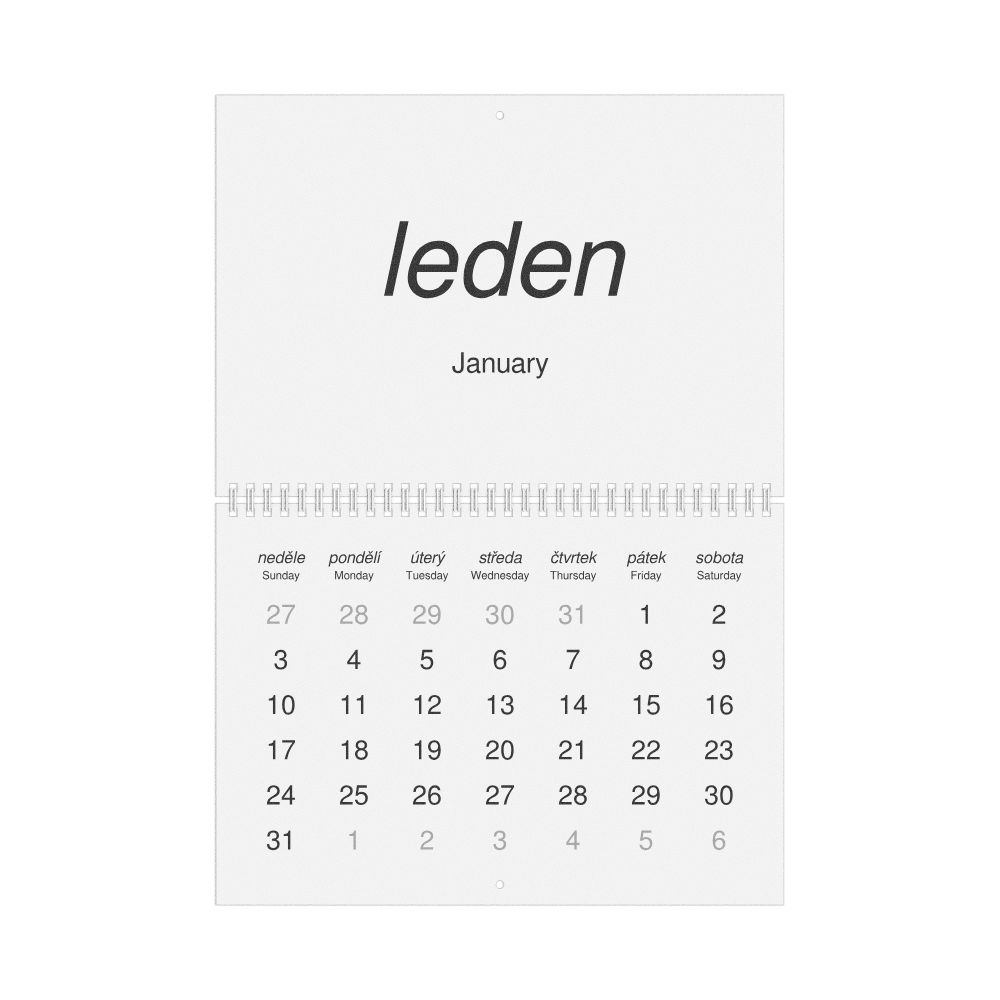 Leskoff 2027 Wall Calendar, Czech/English-Labeled, Sunday-Start Layout, Wire-Bound, 11.7 x 8.3 in (29.7 x 21.0 cm), image 1 of 1