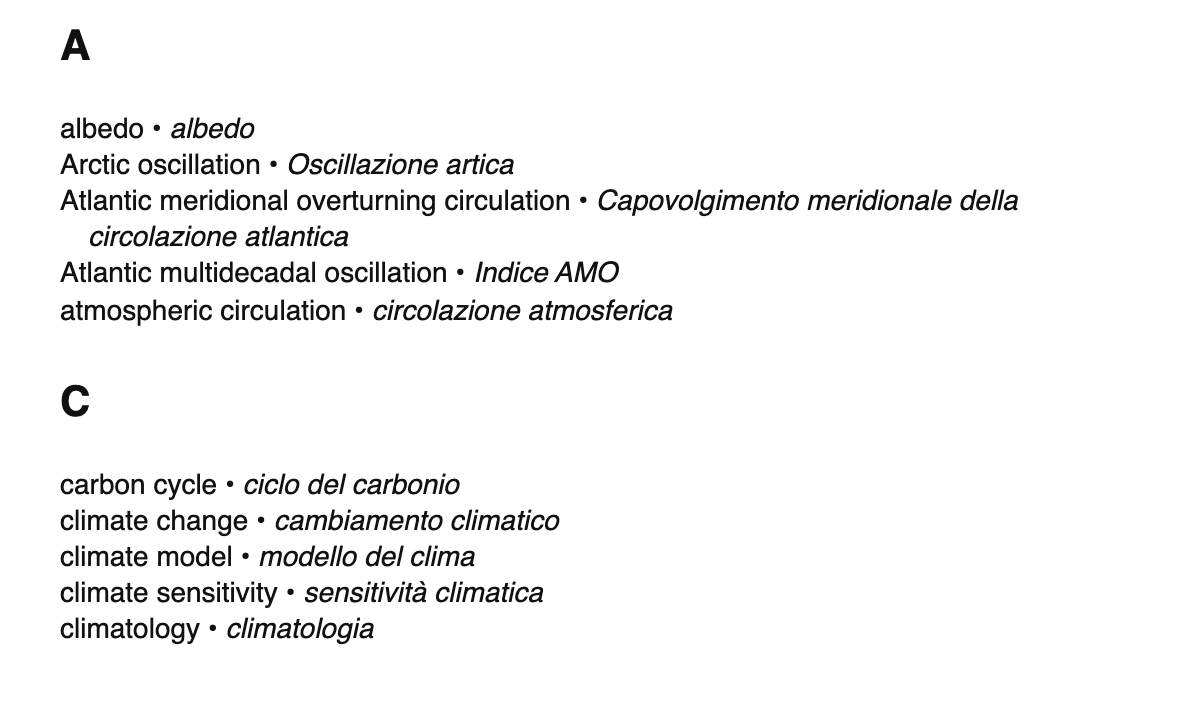 Climatology terms in Italian