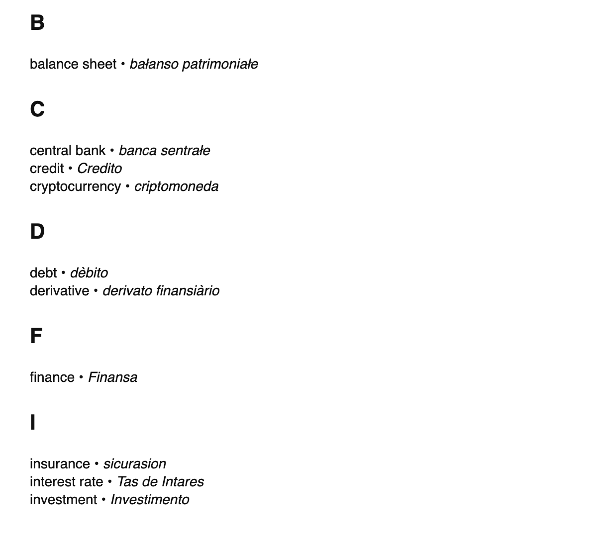 Finance terms in Venetian