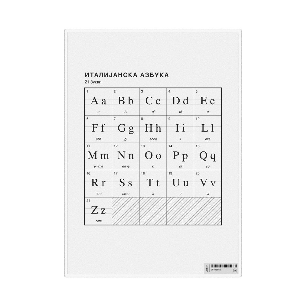 Leskoff Italian Alphabet Chart, 8.3 x 11.7 in (21.0 x 29.7 cm, Desk Chart, Laminated), Macedonian-Labeled, image 1 of 2