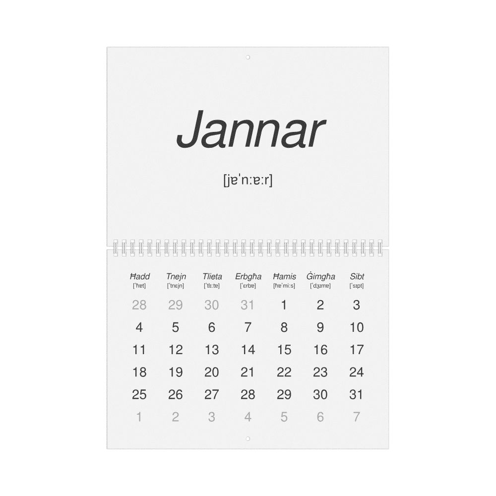 Leskoff 2026 Phonetic Wall Calendar, Maltese-Labeled with IPA, Sunday-Start Layout, Wire-Bound, 11.7 x 8.3 in (29.7 x 21.0 cm), image 1 of 1