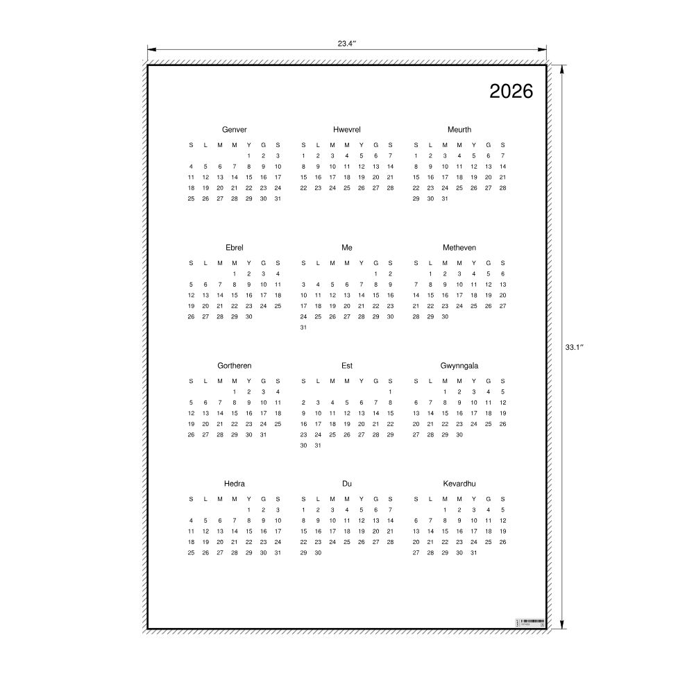 Leskoff 2026 Wall Calendar, Cornish-Labeled, Sunday-Start Layout, Poster / Wall Print, 23.4 x 33.1 in (59.4 x 84.1 cm), image 2 of 2