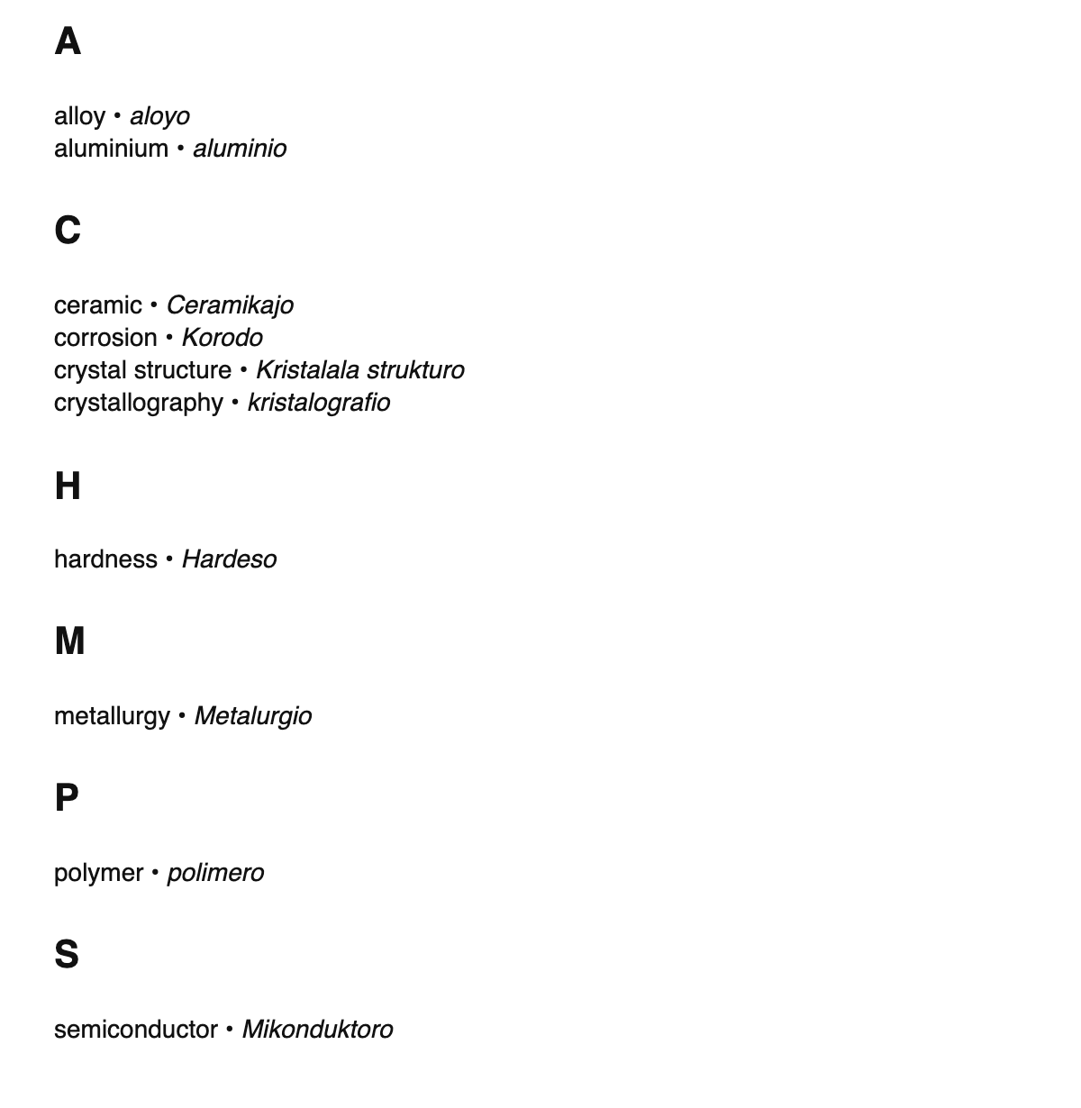 Materials science terms in Ido