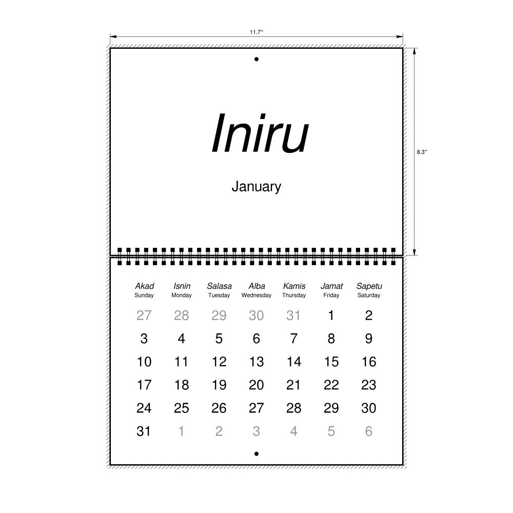Leskoff 2027 Wall Calendar, Maguindanao/English-Labeled, Sunday-Start Layout, Wire-Bound, 11.7 x 8.3 in (29.7 x 21.0 cm), image 2 of 2