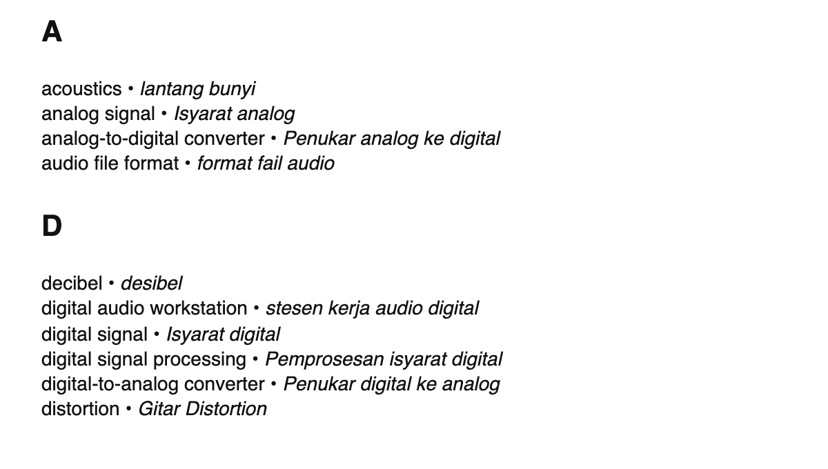 Audio engineering terms in Malay