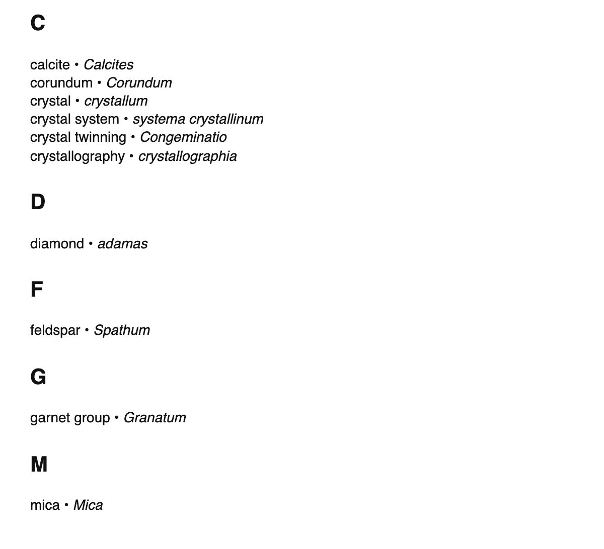 Mineralogy terms in Latin