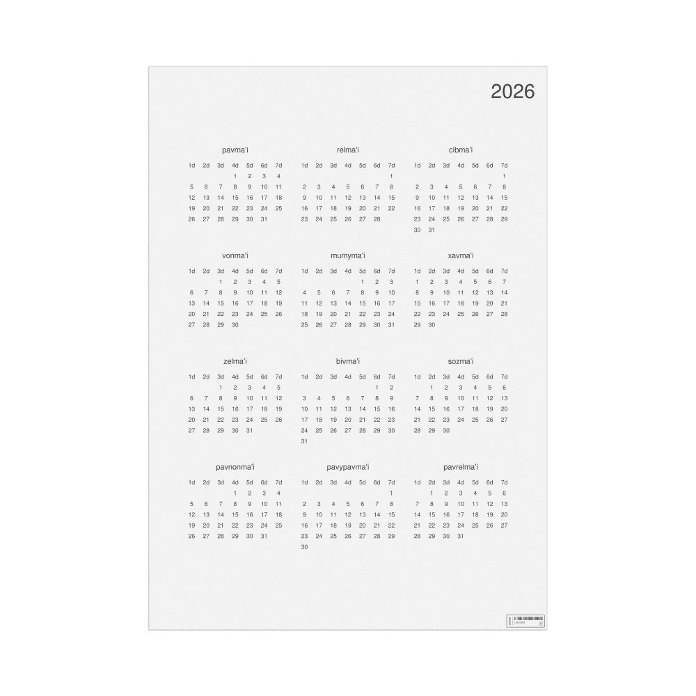 Leskoff 2026 Wall Calendar, Lojban-Labeled, Monday-Start Layout, Poster / Wall Print, 23.4 x 33.1 in (59.4 x 84.1 cm), image 1 of 1