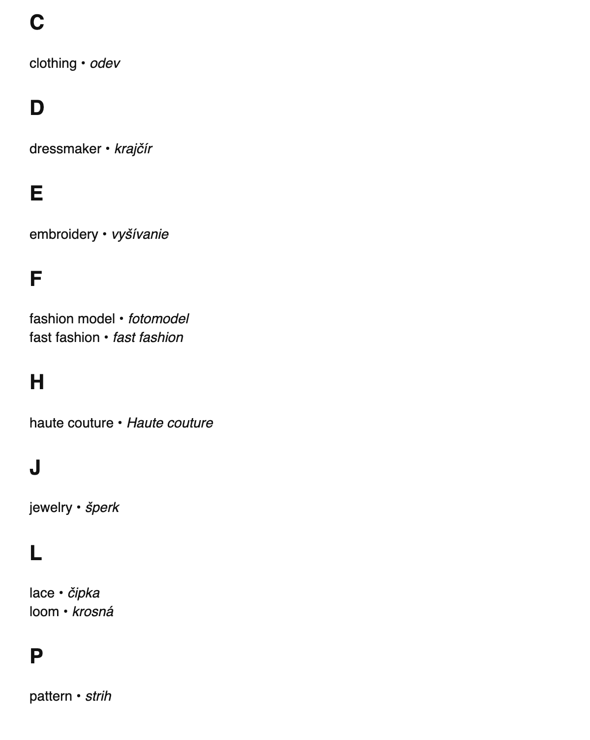 Fashion design terms in Slovak