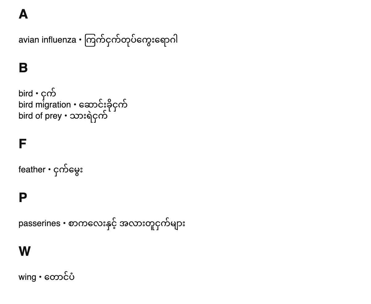 Ornithology terms in Burmese