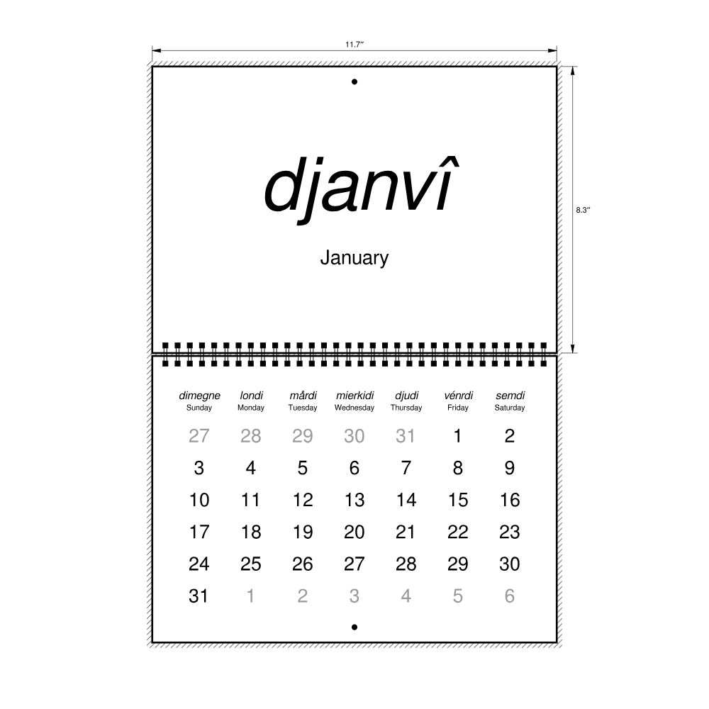 Leskoff 2027 Wall Calendar, Walloon/English-Labeled, Sunday-Start Layout, Wire-Bound, 11.7 x 8.3 in (29.7 x 21.0 cm), image 2 of 2