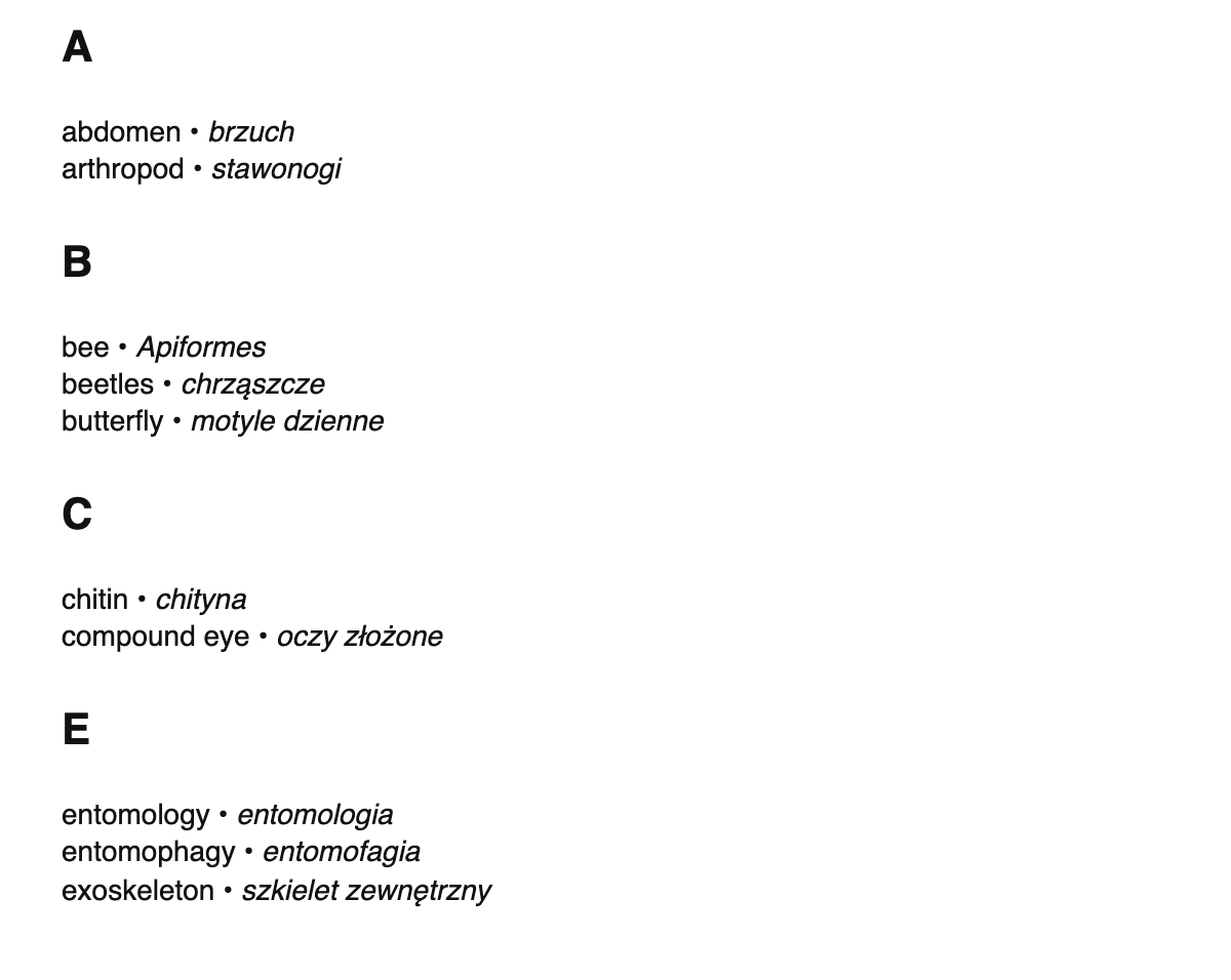 Entomology terms in Polish