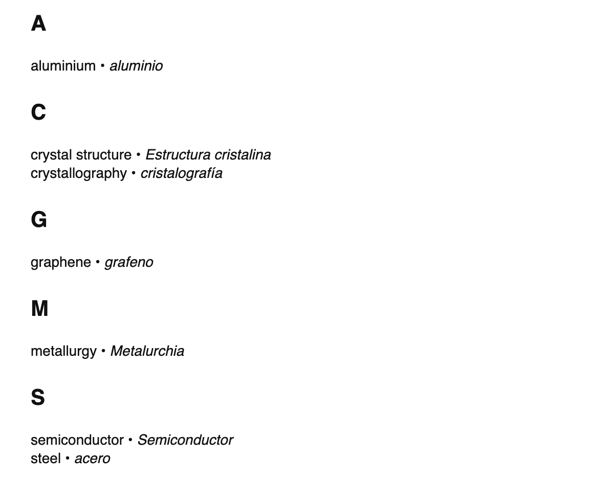 Materials science terms in Aragonese