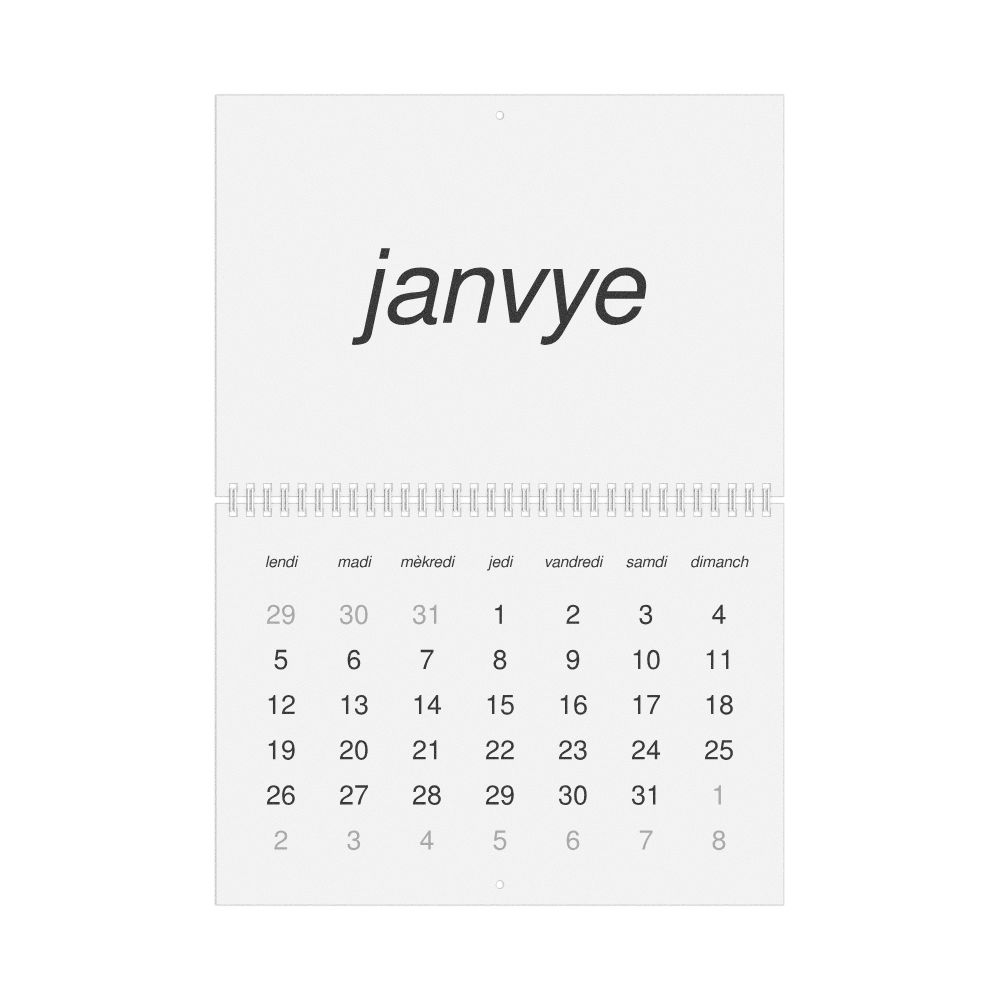 Leskoff 2026 Wall Calendar, Haitian Creole-Labeled, Monday-Start Layout, Wire-Bound, 11.7 x 8.3 in (29.7 x 21.0 cm), image 1 of 1