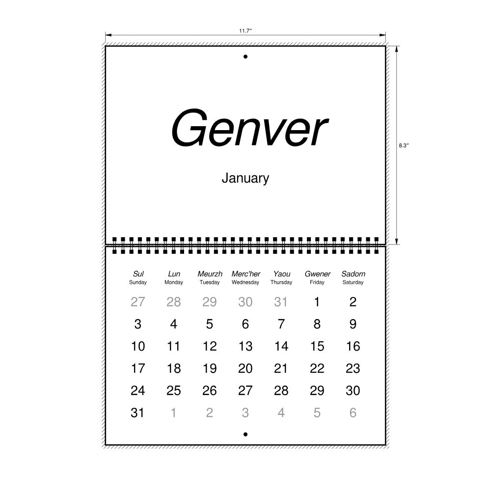 Leskoff 2027 Wall Calendar, Breton/English-Labeled, Sunday-Start Layout, Wire-Bound, 11.7 x 8.3 in (29.7 x 21.0 cm), image 2 of 2