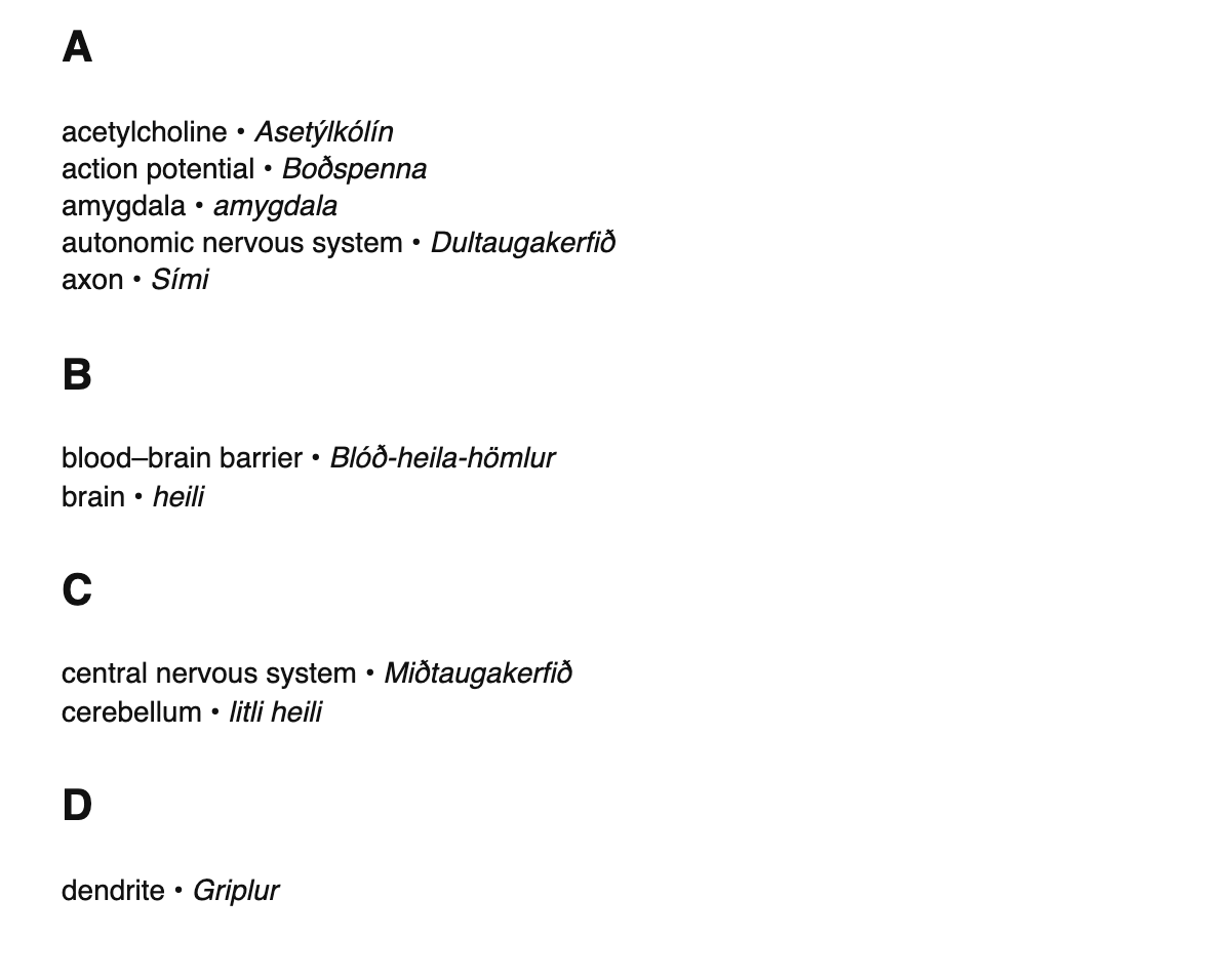 Neuroscience terms in Icelandic