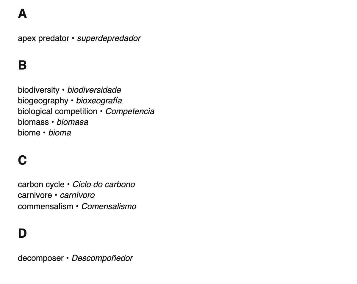Ecology terms in Galician