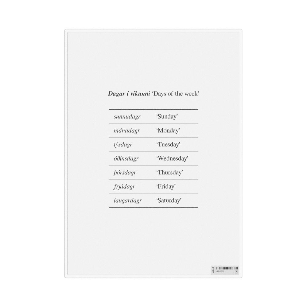 Leskoff Days of the Week in Old Norse, Desk Chart, 8.3 x 11.7 in (21.0 x 29.7 cm), image 1 of 1