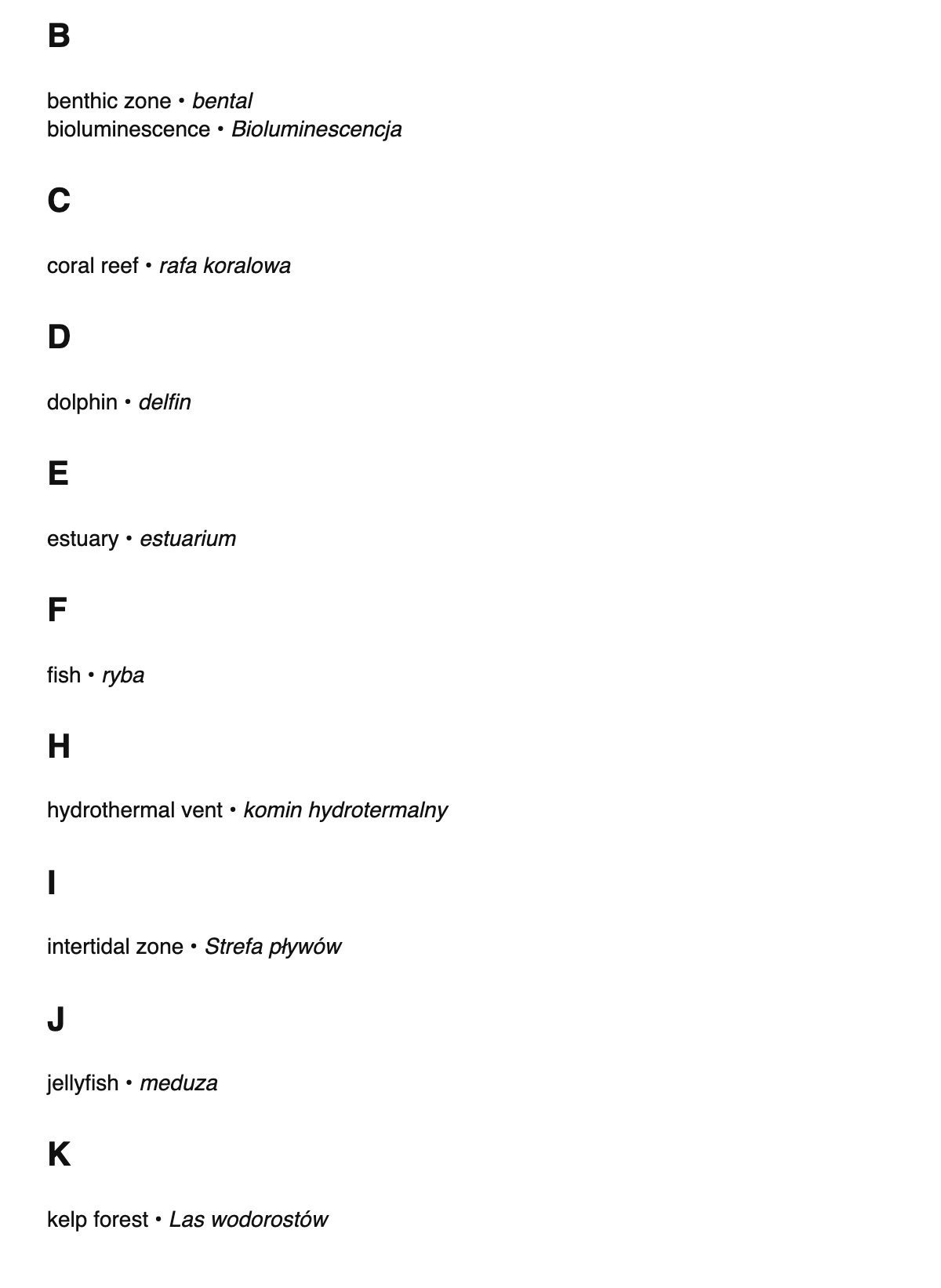 Marine biology terms in Polish