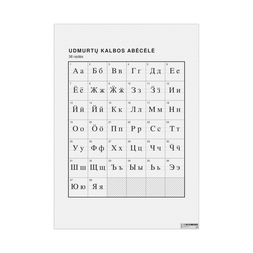 Leskoff Udmurt Alphabet Chart, 23.4 x 33.1 in (59.4 x 84.1 cm, Poster / Wall Chart), Lithuanian-Labeled, image 1 of 2