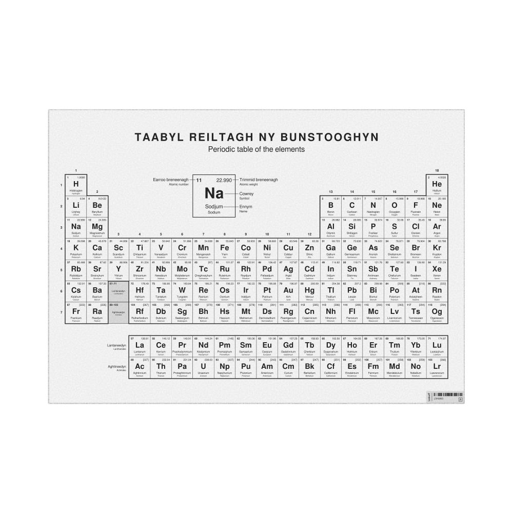 Leskoff Periodic Table Chart, 33.1 x 23.4 in (84.1 x 59.4 cm, Poster / Wall Chart), 18-Column Layout, Manx/English-Labeled, image 1 of 2