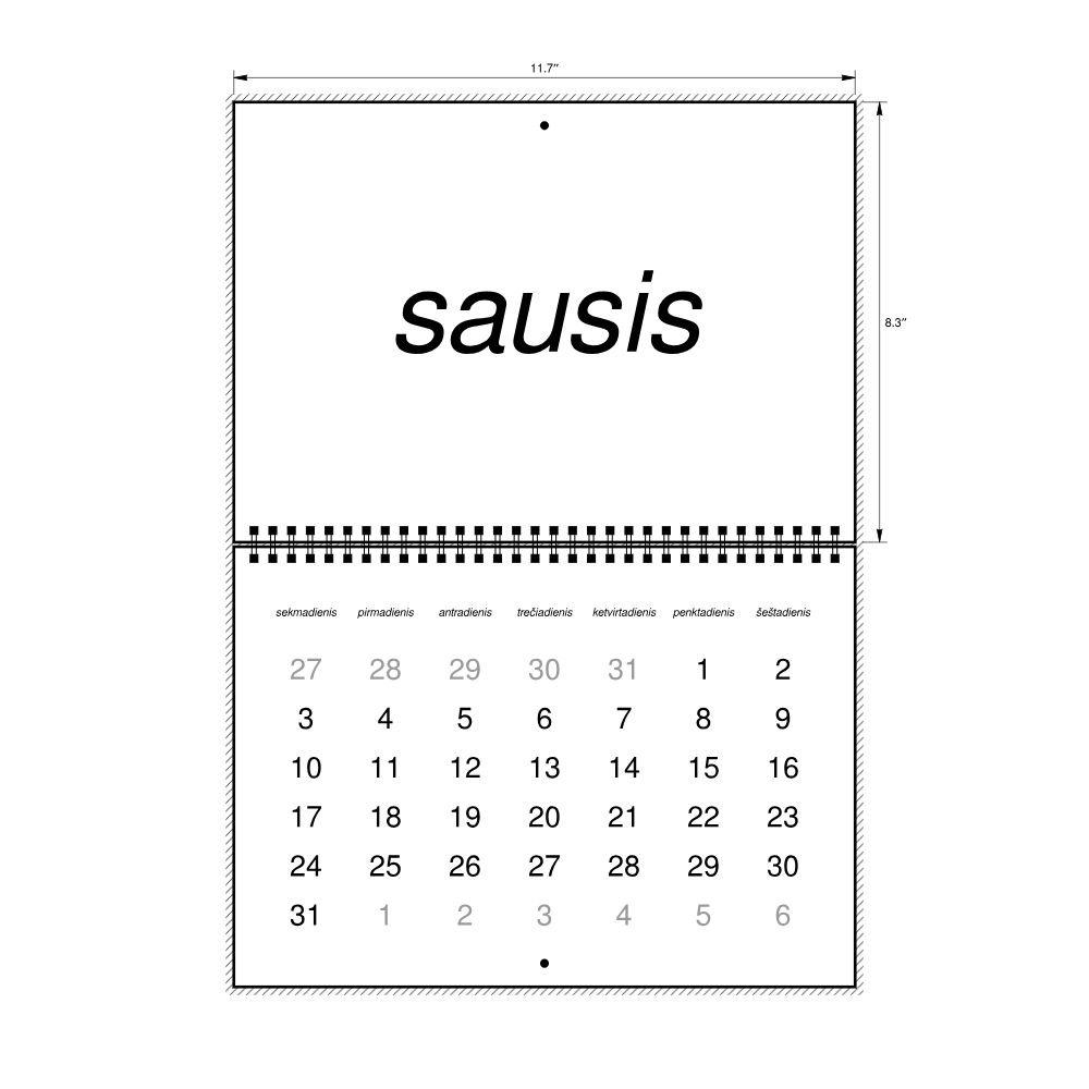 Leskoff 2027 Wall Calendar, Lithuanian-Labeled, Sunday-Start Layout, Wire-Bound, 11.7 x 8.3 in (29.7 x 21.0 cm), image 2 of 2