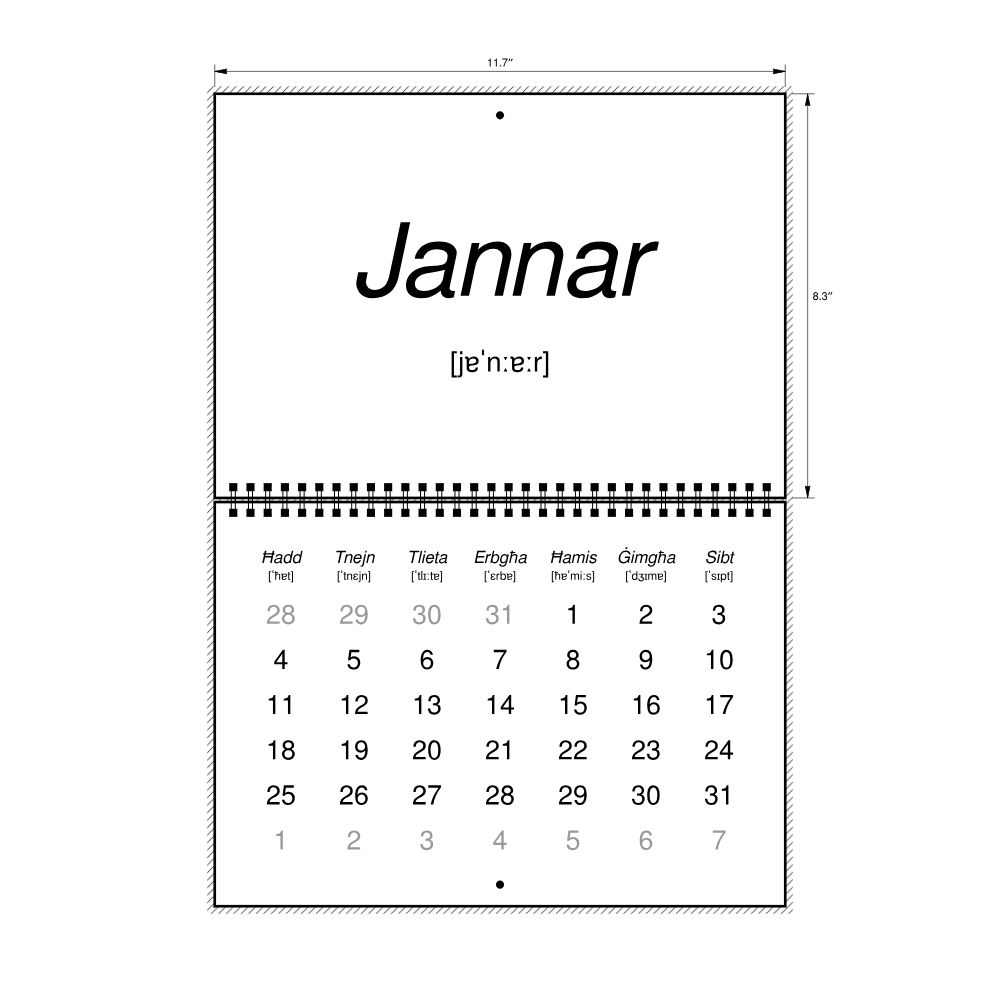 Leskoff 2026 Phonetic Wall Calendar, Maltese-Labeled with IPA, Sunday-Start Layout, Wire-Bound, 11.7 x 8.3 in (29.7 x 21.0 cm), image 2 of 2