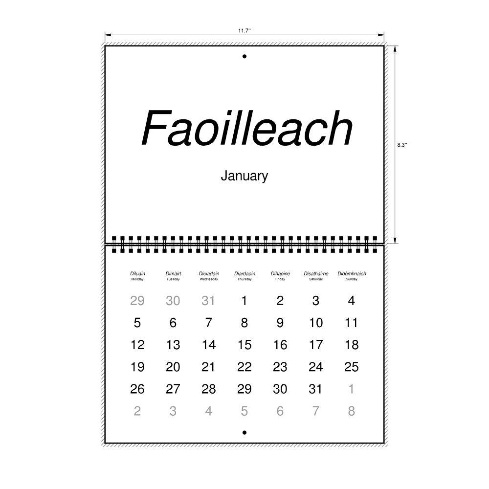 Leskoff 2026 Wall Calendar, Scottish Gaelic/English-Labeled, Monday-Start Layout, Wire-Bound, 11.7 x 8.3 in (29.7 x 21.0 cm), image 2 of 2